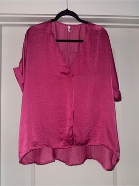 glam Vibrant Pink Satin V-Neck Top